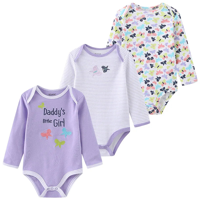 Kiddiezoom 3 Pcs Newborn Long Sleeve 100%cotton Baby Boy Girl Bodysuit Soft Infant Onesies