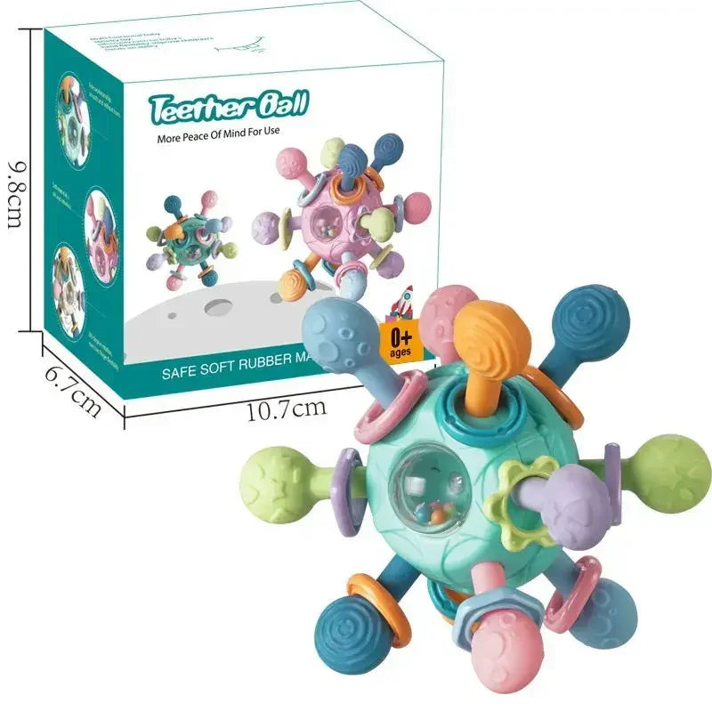 Baby 0 12 Months Rotating Rattle Ball Grasping Activity Silicone Teether Baby Sensory Toys