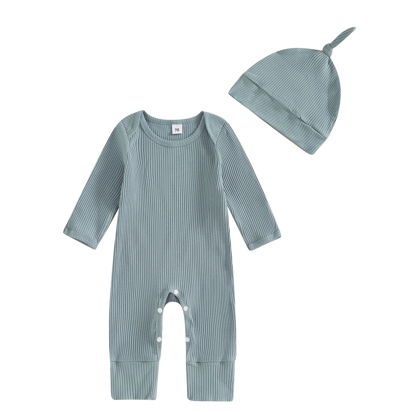 Solid Ribbed Long Sleeve Newborn Baby Romper with Hats Soft Casual Girls Boys