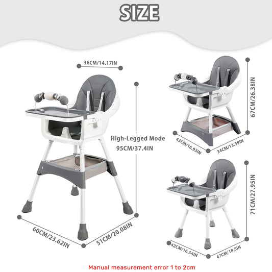 Baby High Chair, Portable Baby Convertible High Chair with Double-Layer Dinner Plate and Toy Rack