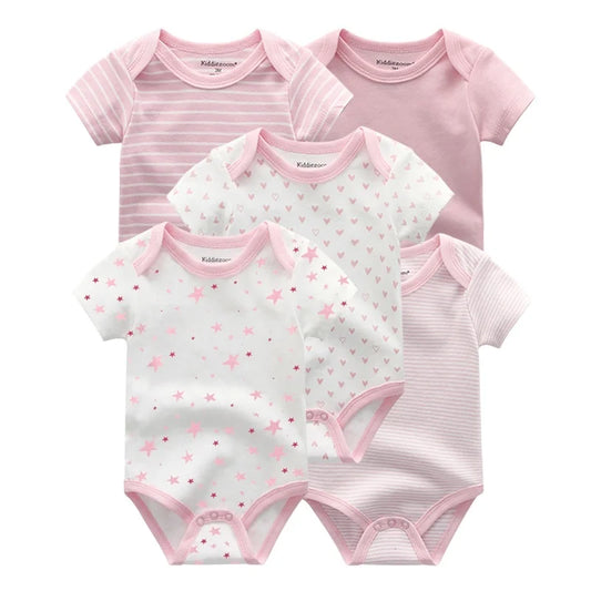 Kiddiezoom Summer 5 Piece Fashion Cartoon Boys and Girls Bodysuits 100% Cotton