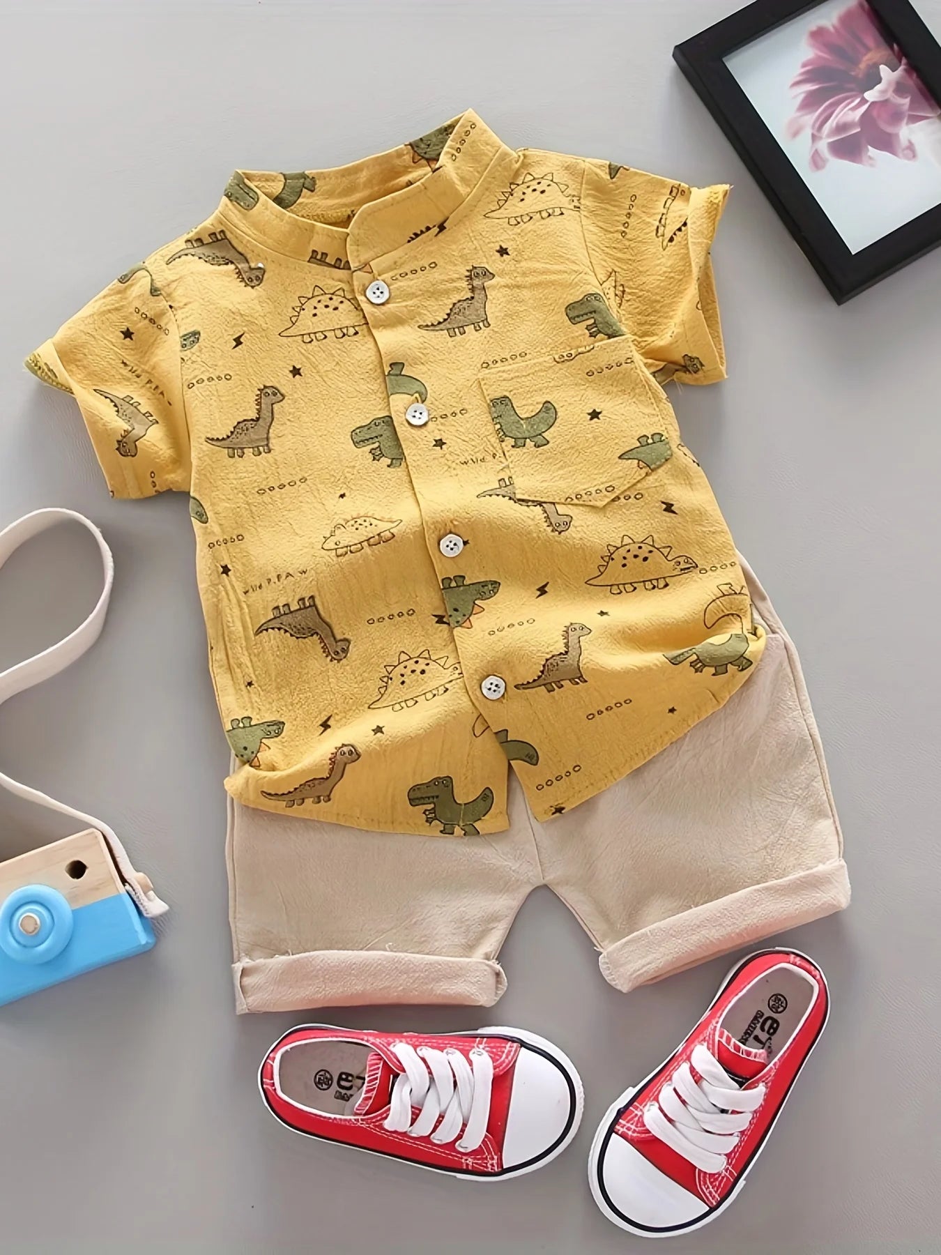 Infant and toddler summer full print dinosaur pattern short sleeved shorts set