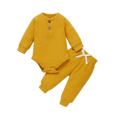 Infant Newborn Baby Girl Boy Ribbed/Plaid Solid Clothes Sets Long Sleeve Bodysuits + Elastic Pants