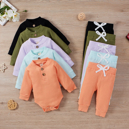 Infant Newborn Baby Girl Boy Ribbed/Plaid Solid Clothes Sets Long Sleeve Bodysuits + Elastic Pants