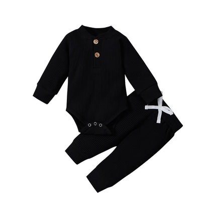 Infant Newborn Baby Girl Boy Ribbed/Plaid Solid Clothes Sets Long Sleeve Bodysuits + Elastic Pants