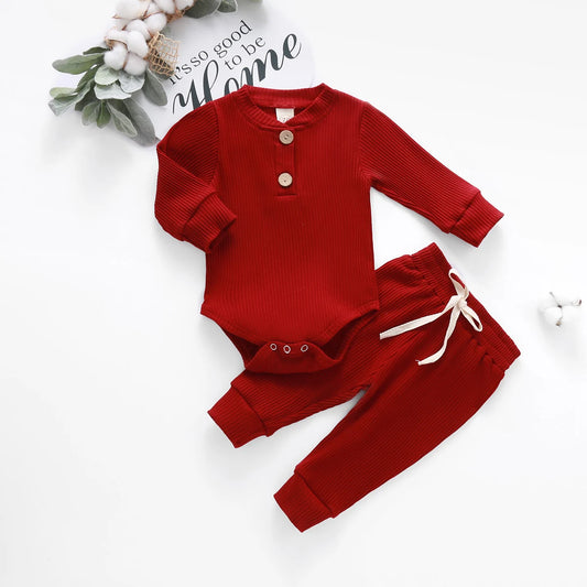 Infant Newborn Baby Girl Boy Ribbed/Plaid Solid Clothes Sets Long Sleeve Bodysuits + Elastic Pants
