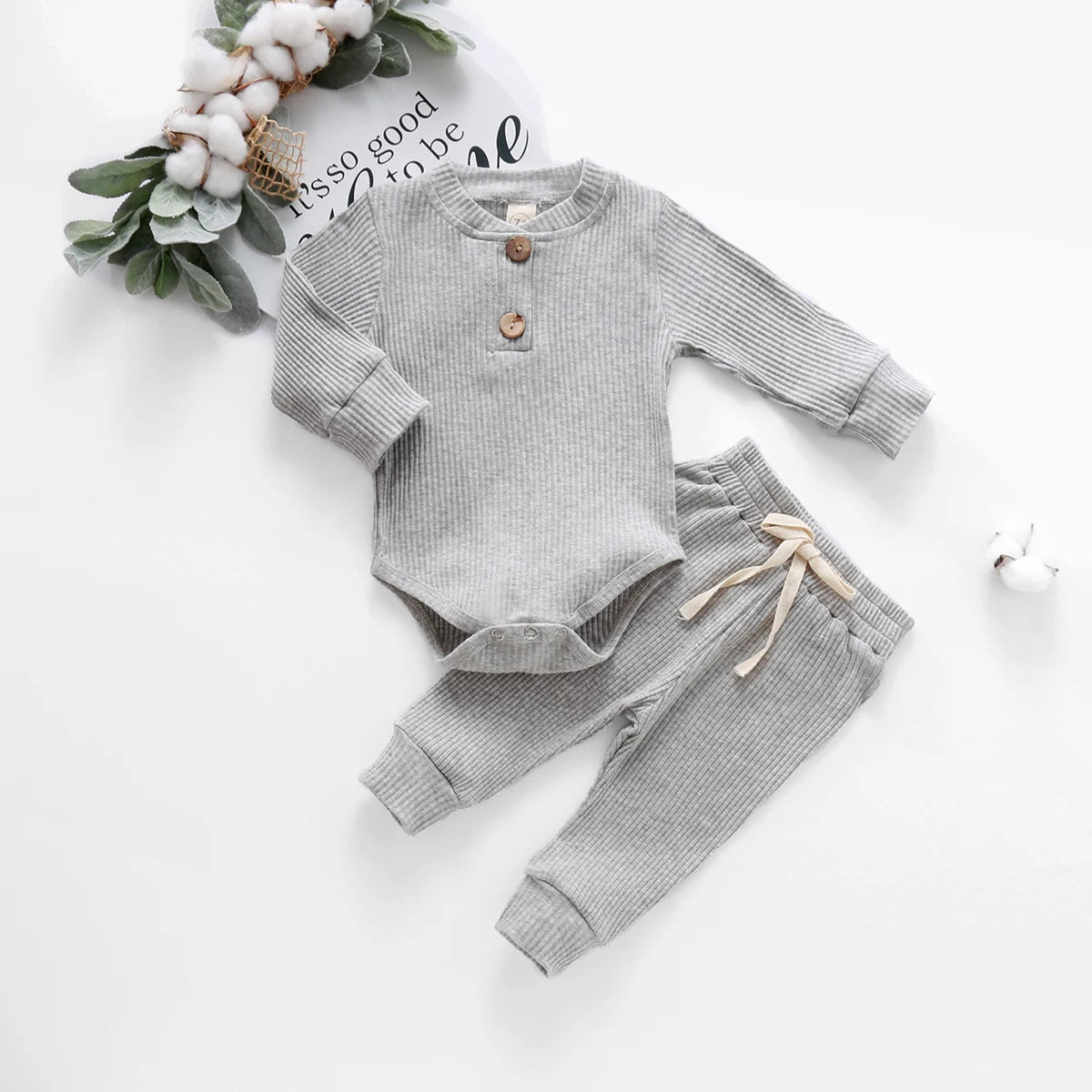 Infant Newborn Baby Girl Boy Ribbed/Plaid Solid Clothes Sets Long Sleeve Bodysuits + Elastic Pants