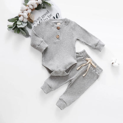 Infant Newborn Baby Girl Boy Ribbed/Plaid Solid Clothes Sets Long Sleeve Bodysuits + Elastic Pants