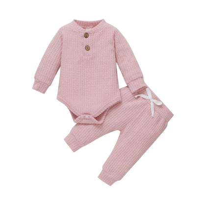 Infant Newborn Baby Girl Boy Ribbed/Plaid Solid Clothes Sets Long Sleeve Bodysuits + Elastic Pants