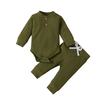 Infant Newborn Baby Girl Boy Ribbed/Plaid Solid Clothes Sets Long Sleeve Bodysuits + Elastic Pants