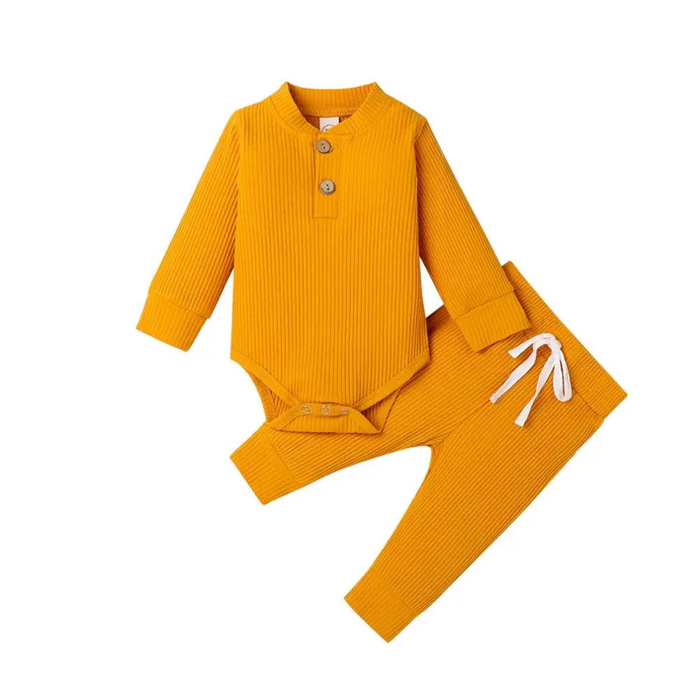 Infant Newborn Baby Girl Boy Ribbed/Plaid Solid Clothes Sets Long Sleeve Bodysuits + Elastic Pants
