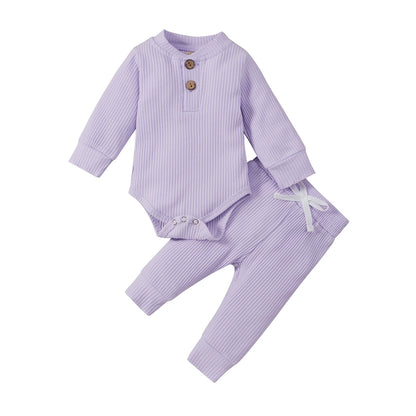 Infant Newborn Baby Girl Boy Ribbed/Plaid Solid Clothes Sets Long Sleeve Bodysuits + Elastic Pants