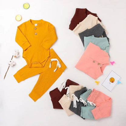 Infant Newborn Baby Girl Boy Ribbed/Plaid Solid Clothes Sets Long Sleeve Bodysuits + Elastic Pants