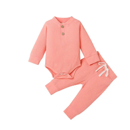 Infant Newborn Baby Girl Boy Ribbed/Plaid Solid Clothes Sets Long Sleeve Bodysuits + Elastic Pants