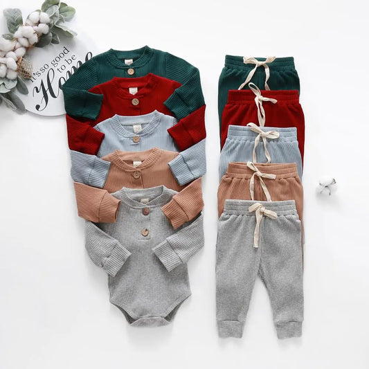 Infant Newborn Baby Girl Boy Ribbed/Plaid Solid Clothes Sets Long Sleeve Bodysuits + Elastic Pants