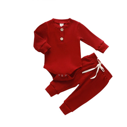 Infant Newborn Baby Girl Boy Ribbed/Plaid Solid Clothes Sets Long Sleeve Bodysuits + Elastic Pants