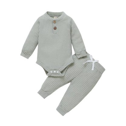 Infant Newborn Baby Girl Boy Ribbed/Plaid Solid Clothes Sets Long Sleeve Bodysuits + Elastic Pants