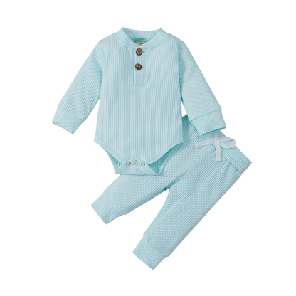 Infant Newborn Baby Girl Boy Ribbed/Plaid Solid Clothes Sets Long Sleeve Bodysuits + Elastic Pants