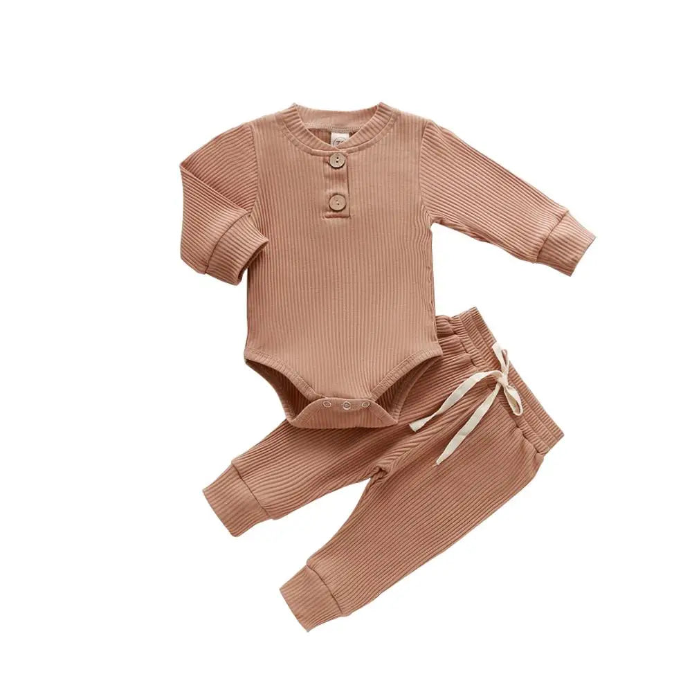 Infant Newborn Baby Girl Boy Ribbed/Plaid Solid Clothes Sets Long Sleeve Bodysuits + Elastic Pants