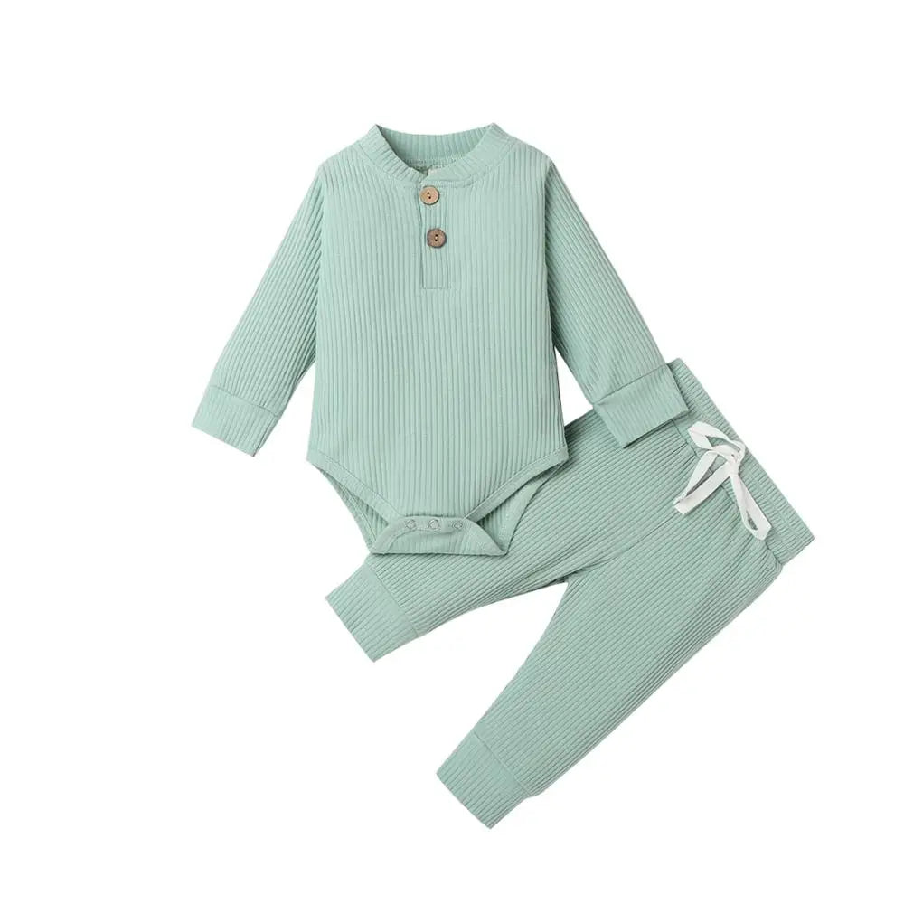 Infant Newborn Baby Girl Boy Ribbed/Plaid Solid Clothes Sets Long Sleeve Bodysuits + Elastic Pants
