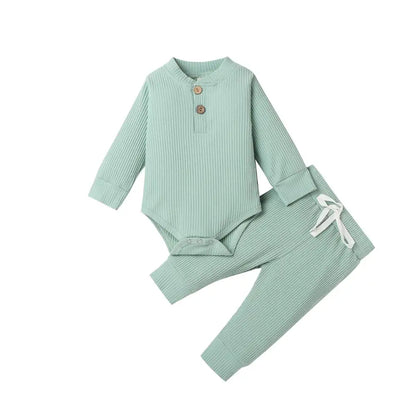 Infant Newborn Baby Girl Boy Ribbed/Plaid Solid Clothes Sets Long Sleeve Bodysuits + Elastic Pants