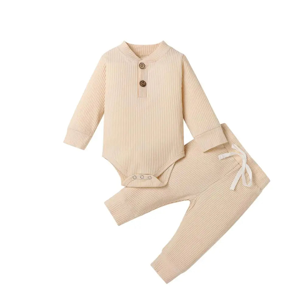 Infant Newborn Baby Girl Boy Ribbed/Plaid Solid Clothes Sets Long Sleeve Bodysuits + Elastic Pants