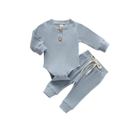 Infant Newborn Baby Girl Boy Ribbed/Plaid Solid Clothes Sets Long Sleeve Bodysuits + Elastic Pants