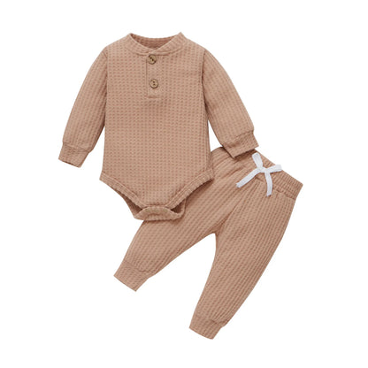 Infant Newborn Baby Girl Boy Ribbed/Plaid Solid Clothes Sets Long Sleeve Bodysuits + Elastic Pants
