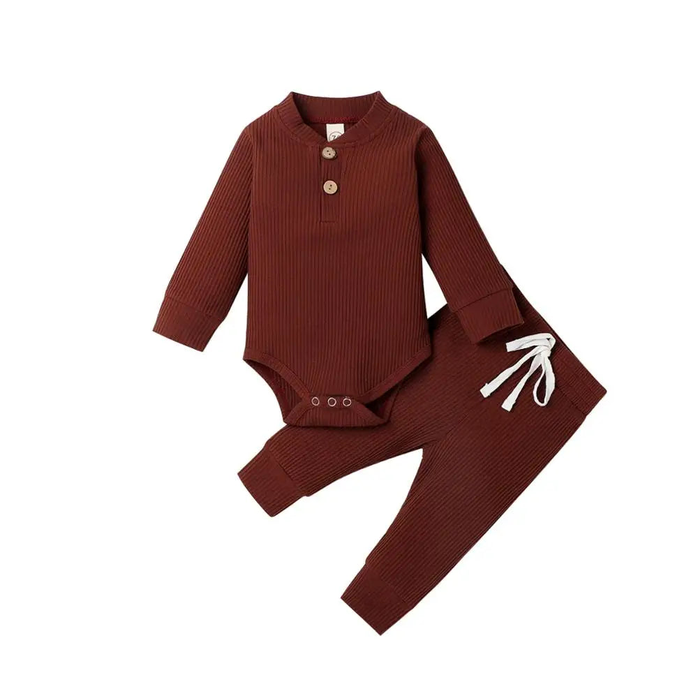 Infant Newborn Baby Girl Boy Ribbed/Plaid Solid Clothes Sets Long Sleeve Bodysuits + Elastic Pants