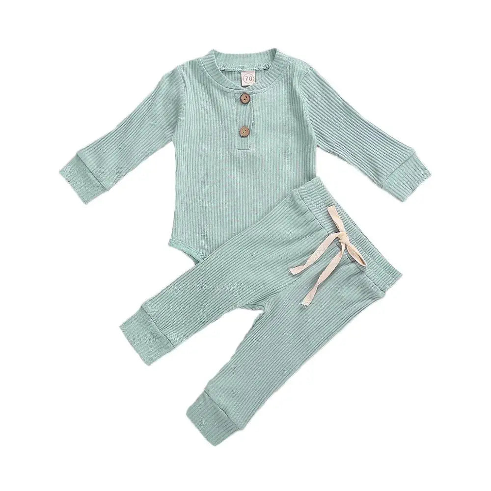 Infant Newborn Baby Girl Boy Ribbed/Plaid Solid Clothes Sets Long Sleeve Bodysuits + Elastic Pants