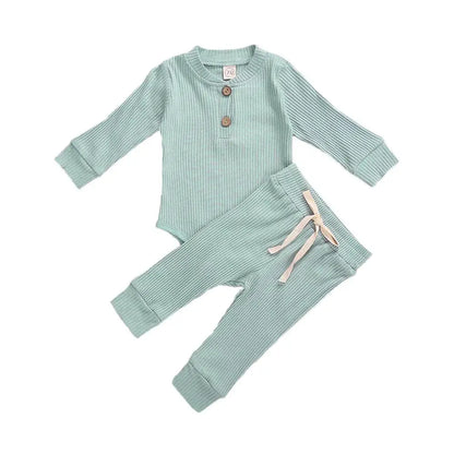 Infant Newborn Baby Girl Boy Ribbed/Plaid Solid Clothes Sets Long Sleeve Bodysuits + Elastic Pants