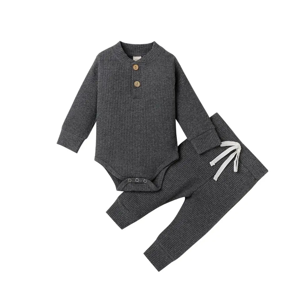 Infant Newborn Baby Girl Boy Ribbed/Plaid Solid Clothes Sets Long Sleeve Bodysuits + Elastic Pants