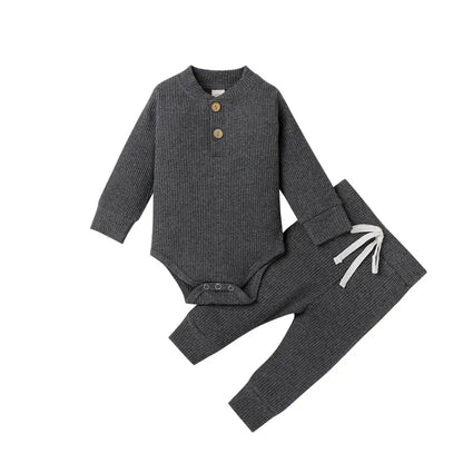 Infant Newborn Baby Girl Boy Ribbed/Plaid Solid Clothes Sets Long Sleeve Bodysuits + Elastic Pants