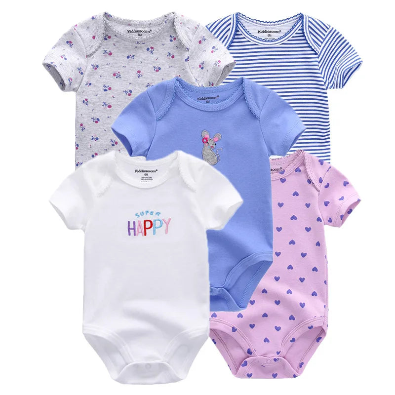 Kiddiezoom Summer 5 Piece Fashion Cartoon Boys and Girls Bodysuits 100% Cotton
