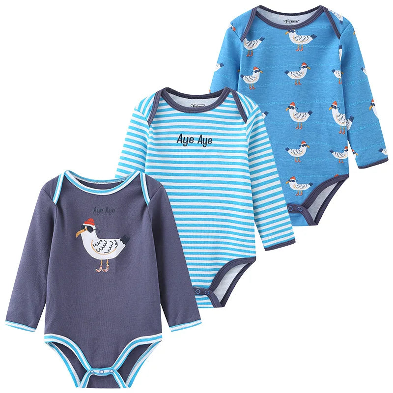 Kiddiezoom 3 Pcs Newborn  Long Sleeve 100%cotton Baby Boy Girl Bodysuit Soft Infant Onesies