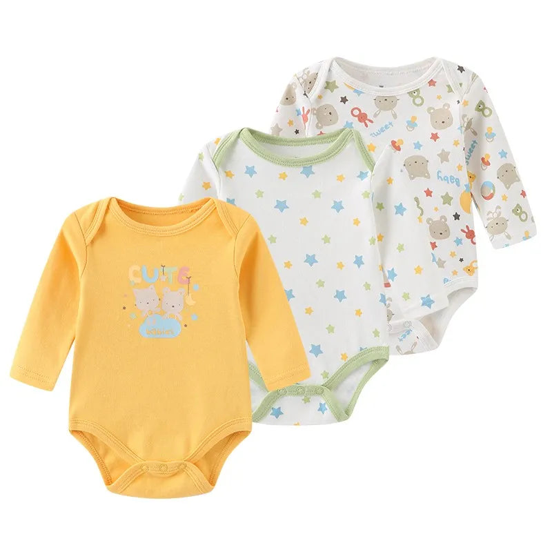 Kiddiezoom 3 Pcs Newborn  Long Sleeve 100%cotton Baby Boy Girl Bodysuit Soft Infant Onesies