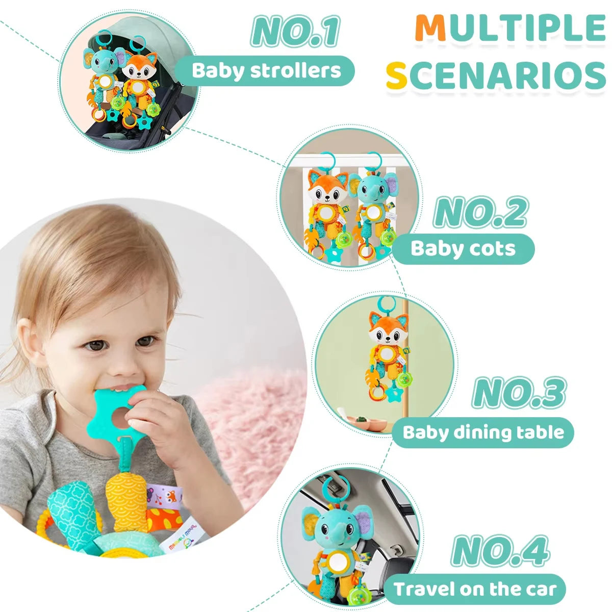 Soft Hanging Crinkle Squeaky Sensory. Travel Plush Animal Wind Chime with Teether Boys/ Girls