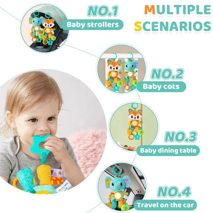 Soft Hanging Crinkle Squeaky Sensory. Travel Plush Animal Wind Chime with Teether Boys/ Girls