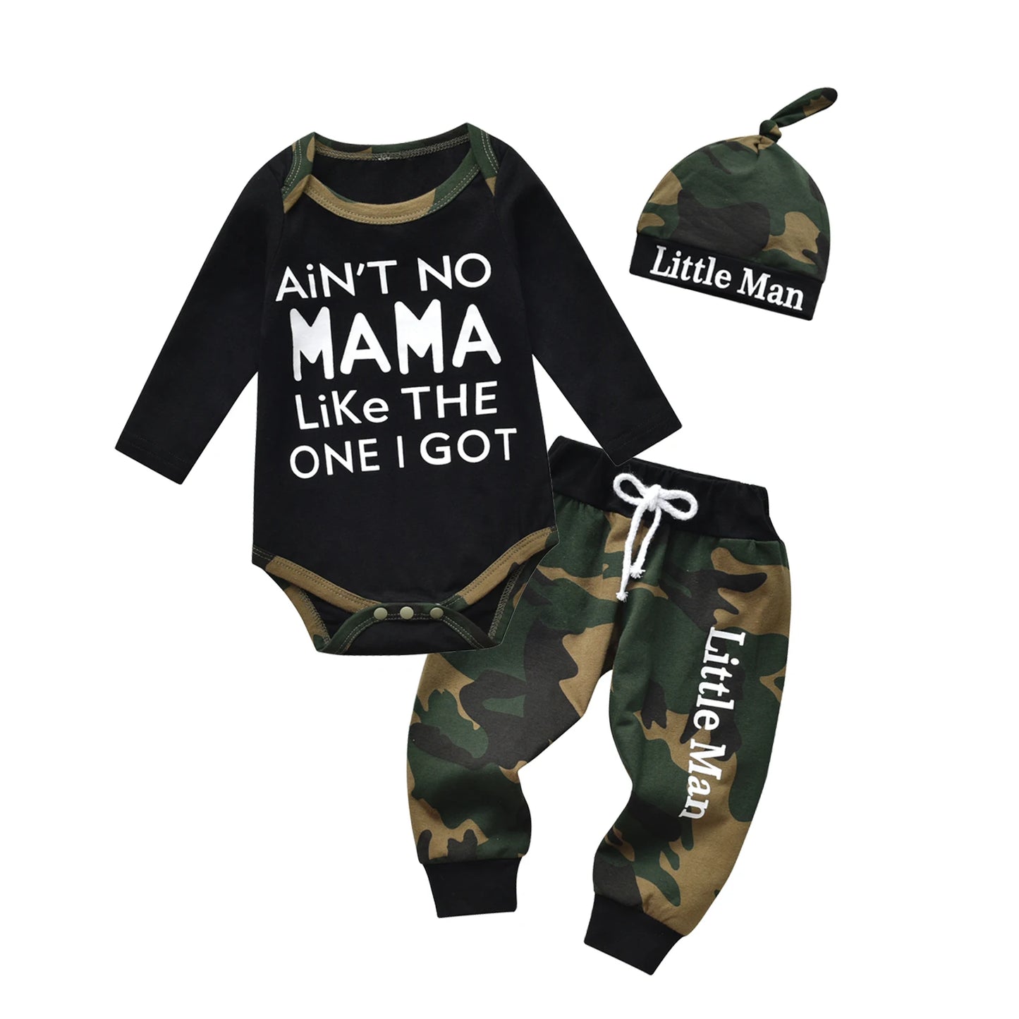 Newborn Baby Boy Clothes Long Sleeves Letter Print Romper Camouflage Long Pants Hat