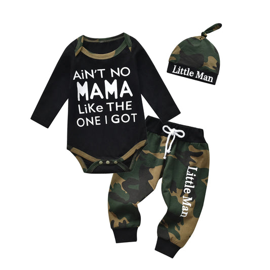 Newborn Baby Boy Clothes Long Sleeves Letter Print Romper Camouflage Long Pants Hat
