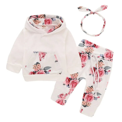 0-18 Months Toddler Baby Girl 3PCS Hooded Clothes Set Flowers Print Long Sleeve Top+Pant+Bowknot Headband