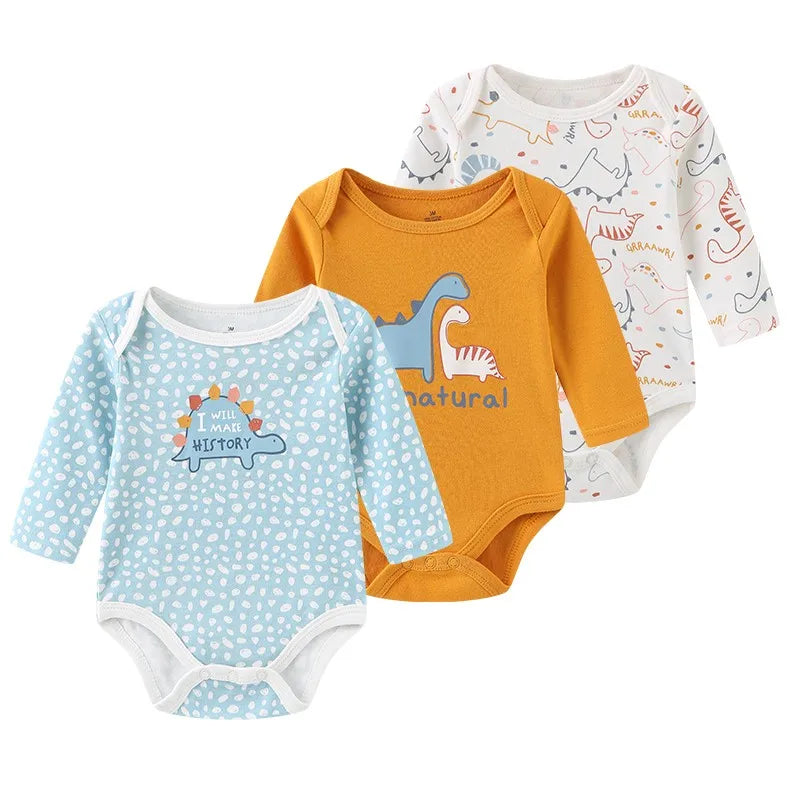 Kiddiezoom 3 Pcs Newborn  Long Sleeve 100%cotton Baby Boy Girl Bodysuit Soft Infant Onesies