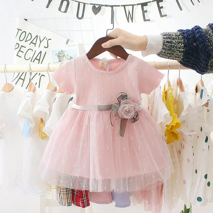 Baby Girls Dress Sweet Princess Dress Flower Ribbon  Shaggy Gauze Dress Birthday Party Dress
