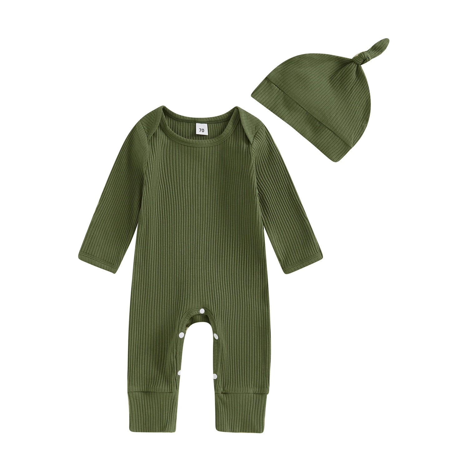 Solid Ribbed Long Sleeve Newborn Baby Romper with Hats Soft Casual  Girls Boys