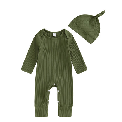 Solid Ribbed Long Sleeve Newborn Baby Romper with Hats Soft Casual  Girls Boys