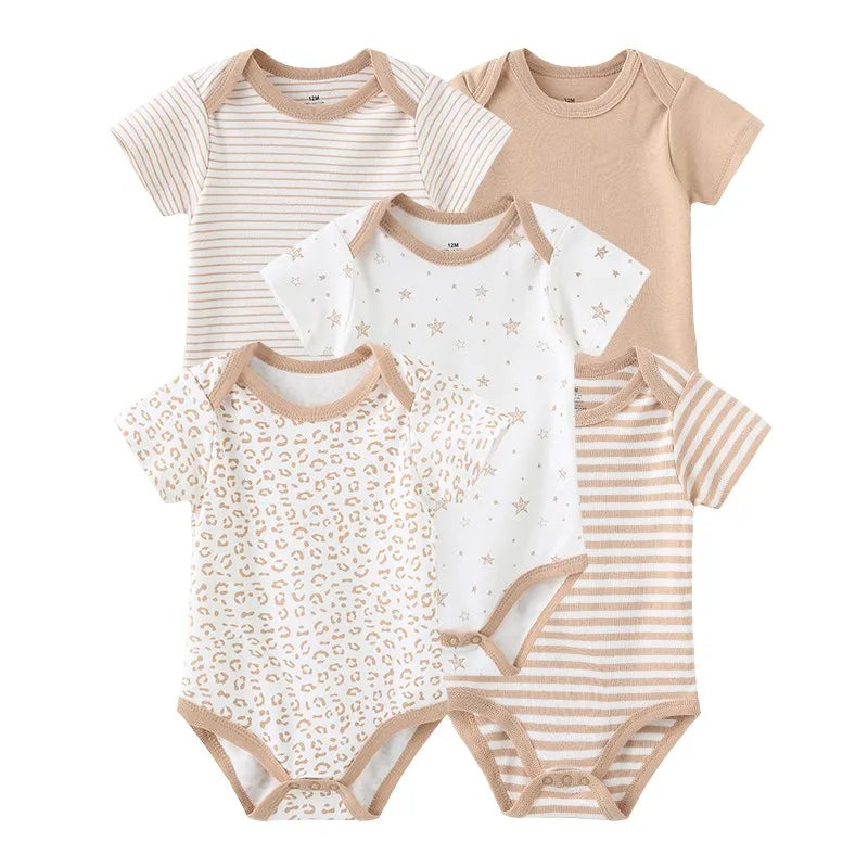 Kiddiezoom Summer 5 Piece Fashion Cartoon Boys and Girls Bodysuits 100% Cotton
