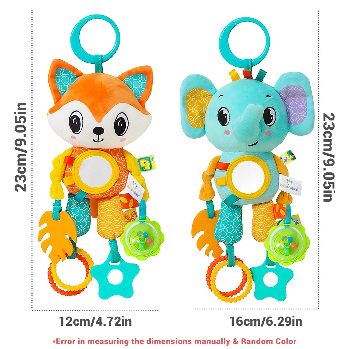 Soft Hanging Crinkle Squeaky Sensory. Travel Plush Animal Wind Chime with Teether Boys/ Girls