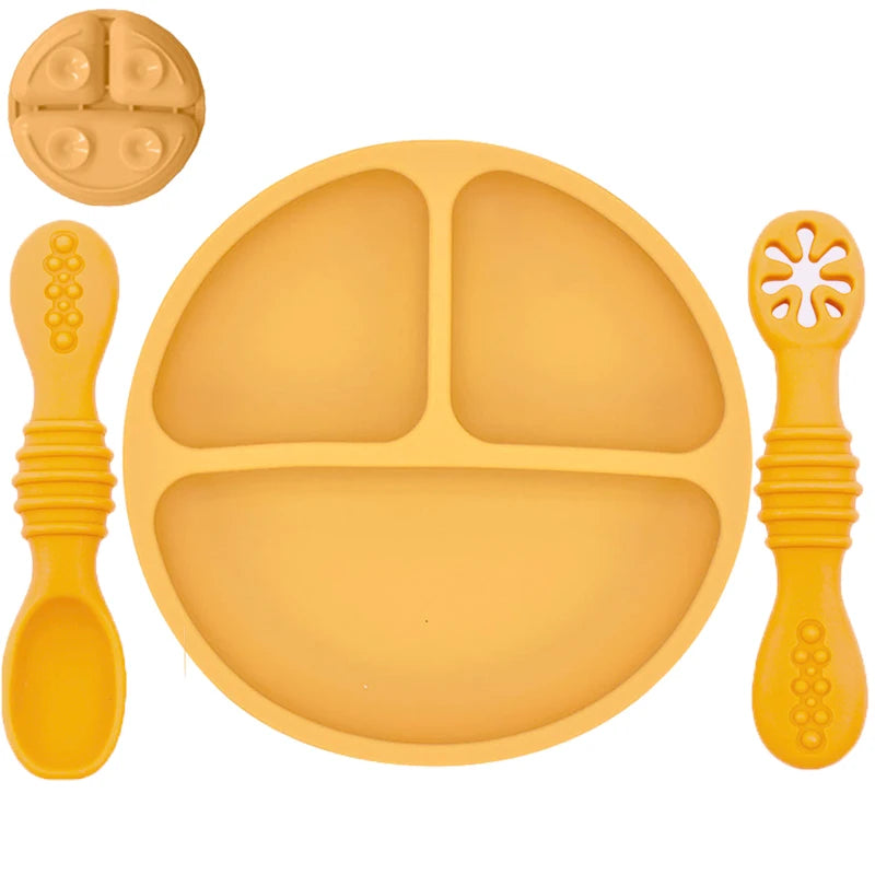 Silicone Baby Dining Plate Rice Spoon Set Cute Cartoon Children Dishes Retro Kid Bowl