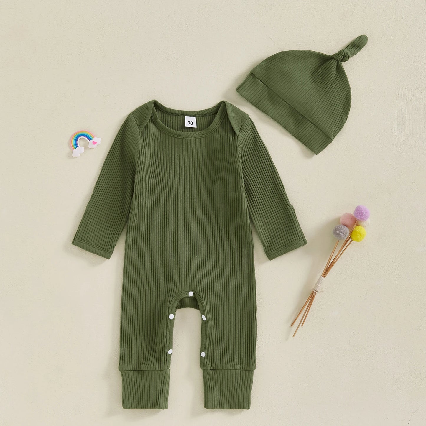 Solid Ribbed Long Sleeve Newborn Baby Romper with Hats Soft Casual  Girls Boys