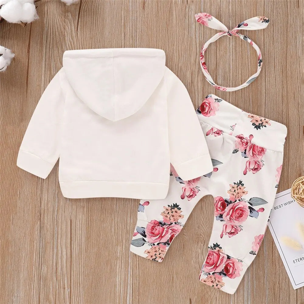 0-18 Months Toddler Baby Girl 3PCS Hooded Clothes Set Flowers Print Long Sleeve Top+Pant+Bowknot Headband